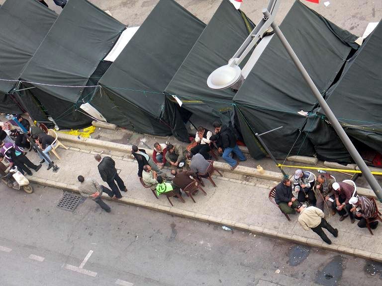 Black Tents of Opposition Camping in Downtown