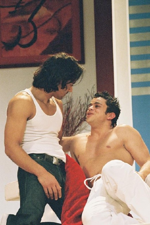 Sexy photo of Djamel Mehnane in a gay character from the theatrical play Les Amazones