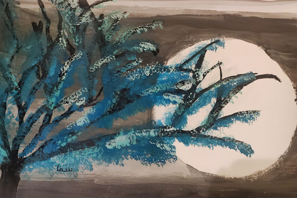 Moonlit Azure - A Dark Tree against a Big White Moon